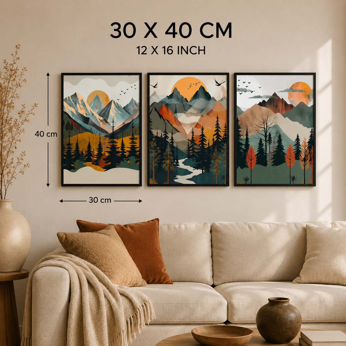 Mountain Sunset Forest Wall Art | Framed Canvas Print | 30 × 40 cm
