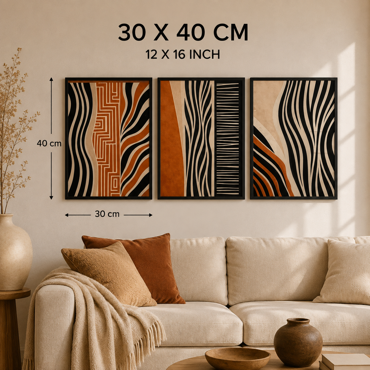 3-Piece Abstract Wall Art Set 30×40 cm – Modern Black, Terracotta & Beige