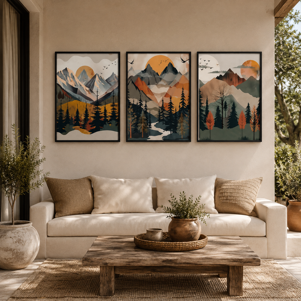 Mountain Sunset Forest Wall Art | Framed Canvas Print | 30 × 40 cm