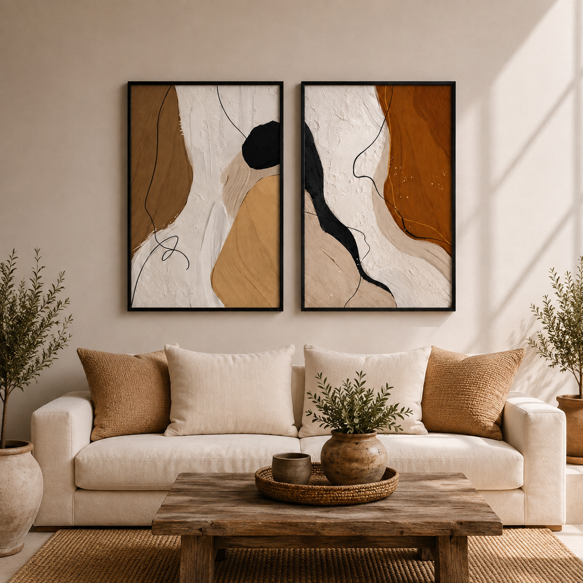 Modern Abstract Wall Art Set of 2 – 30 × 40 cm Each – Neutral Framed Prints
