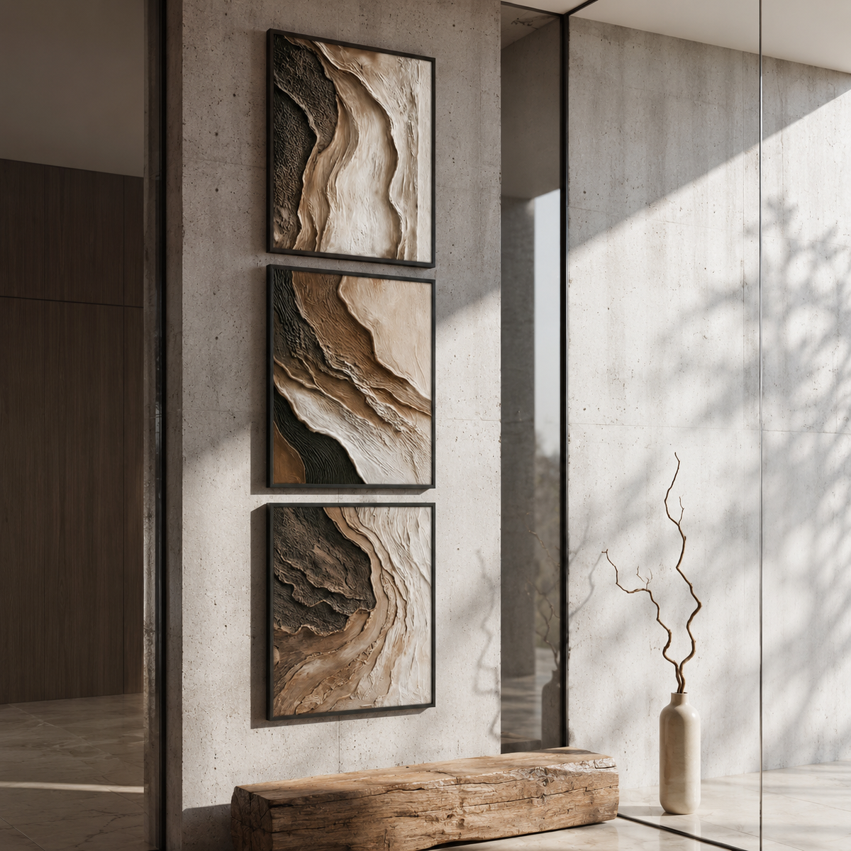 Abstract Neutral Wall Art Set of 3 – Framed Canvas Prints | Organic Earth-Tone Textured Artwork | 30 × 40 cm