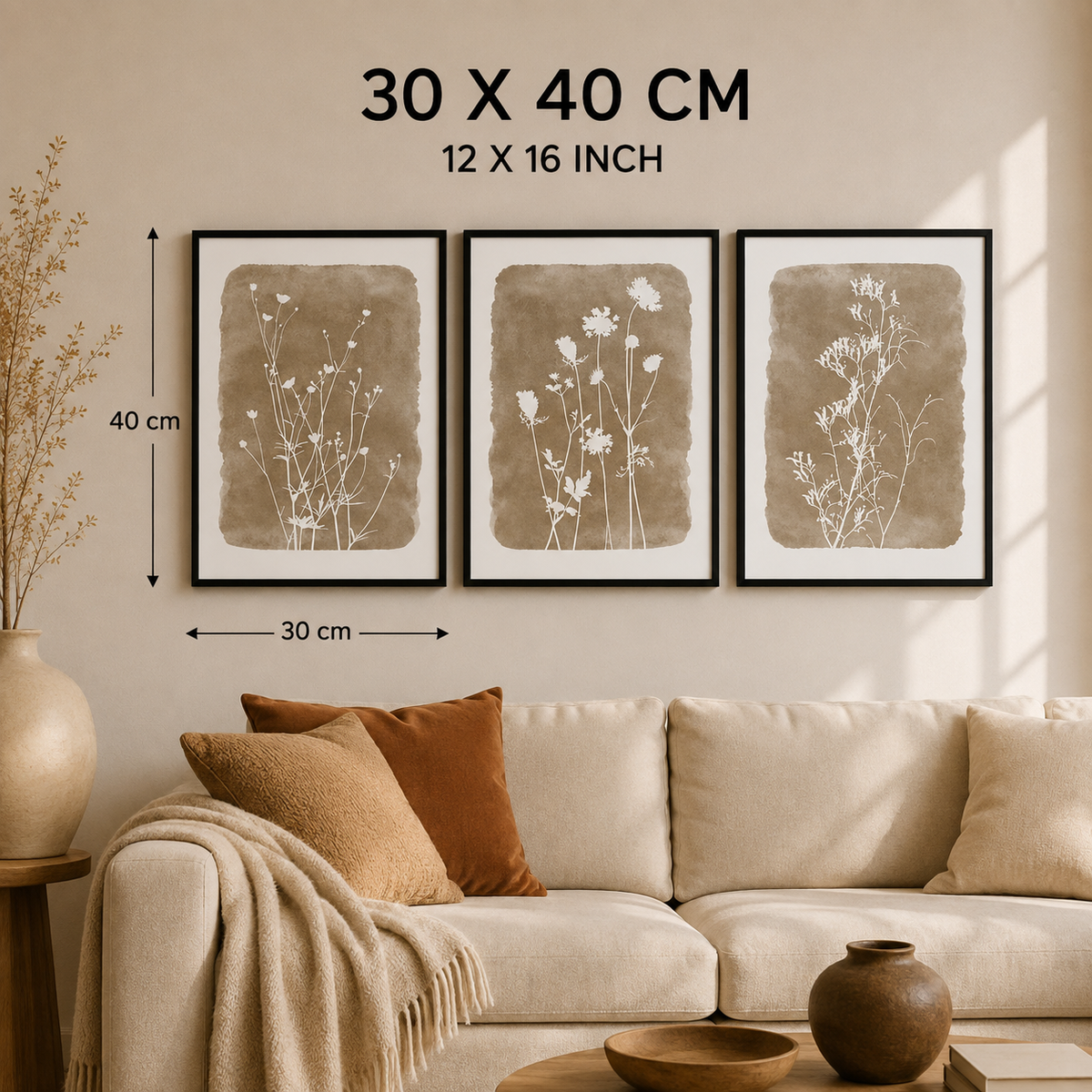 3-Piece Botanical Wall Art Set 30×40 cm – Neutral Beige Floral Prints