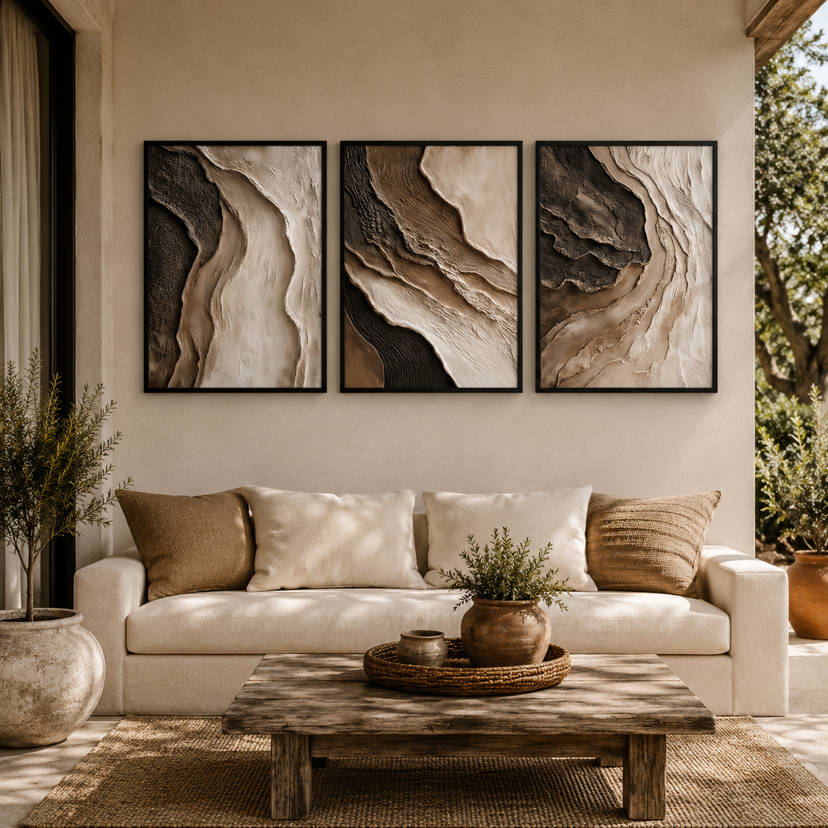 Abstract Neutral Wall Art Set of 3 – Framed Canvas Prints | Organic Earth-Tone Textured Artwork | 30 × 40 cm
