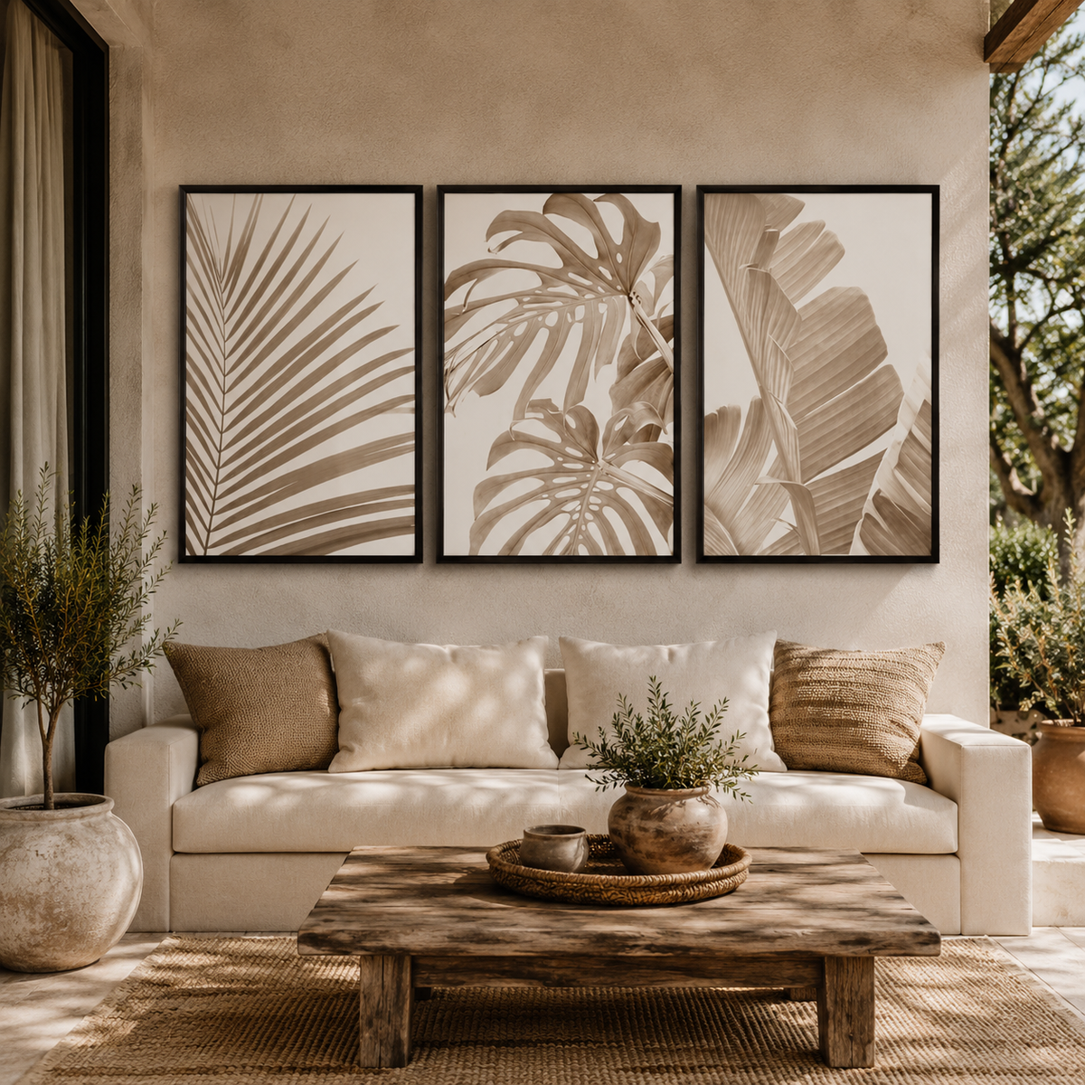 Neutral Botanical Wall Art Set of 3 – Framed Tropical Leaf Prints – 30 × 40 cm Each