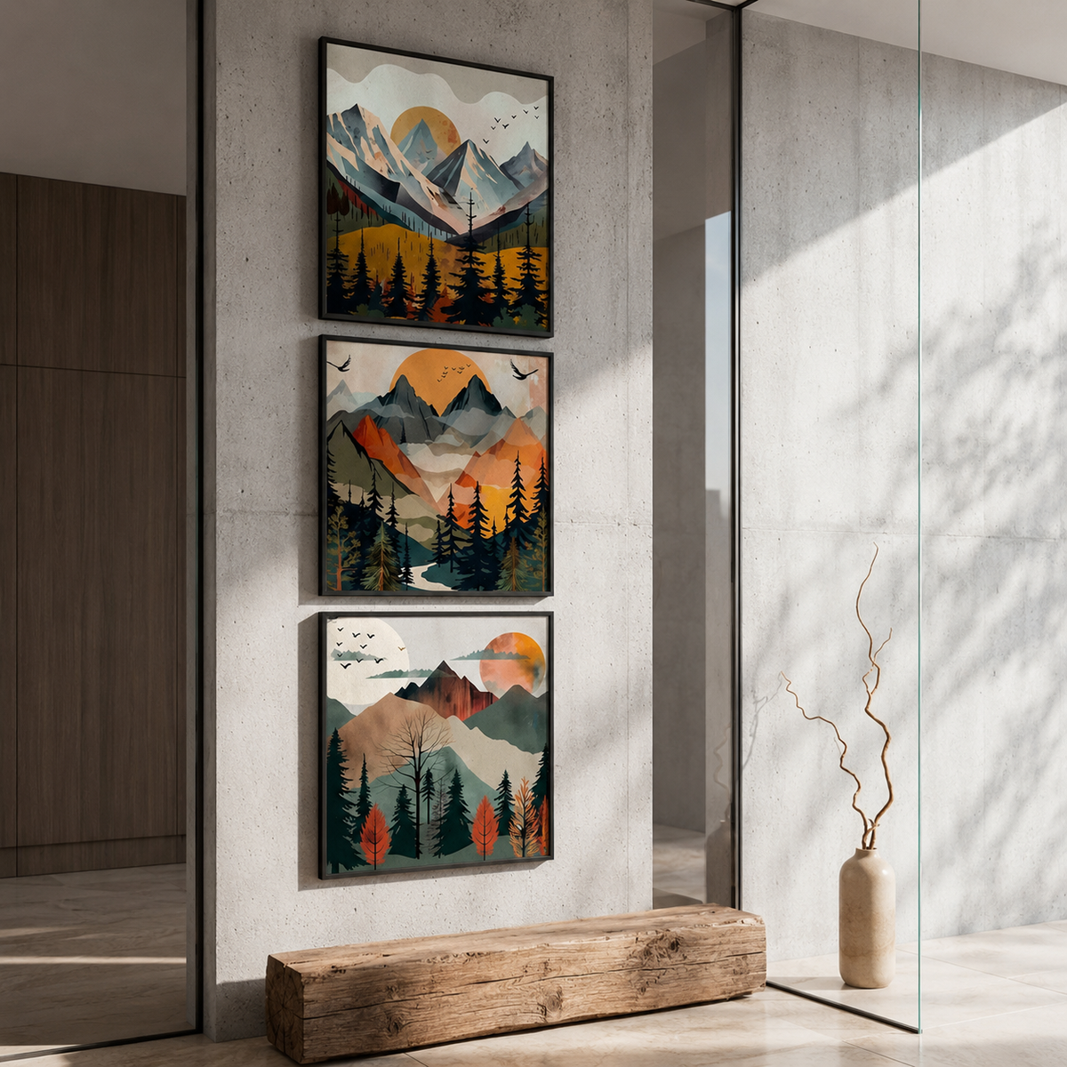 Mountain Sunset Forest Wall Art | Framed Canvas Print | 30 × 40 cm