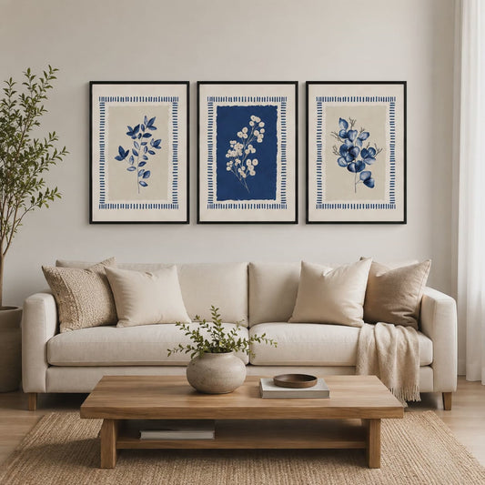 3-Piece Blue Botanical Framed Wall Art Set – 30 × 40 cm Each