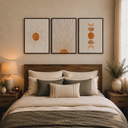 3 Piece Boho Sun & Moon Framed Wall Art Set 30x40cm | Abstract Beige Terracotta