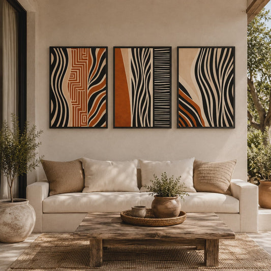 3-Piece Abstract Wall Art Set 30×40 cm – Modern Black, Terracotta & Beige